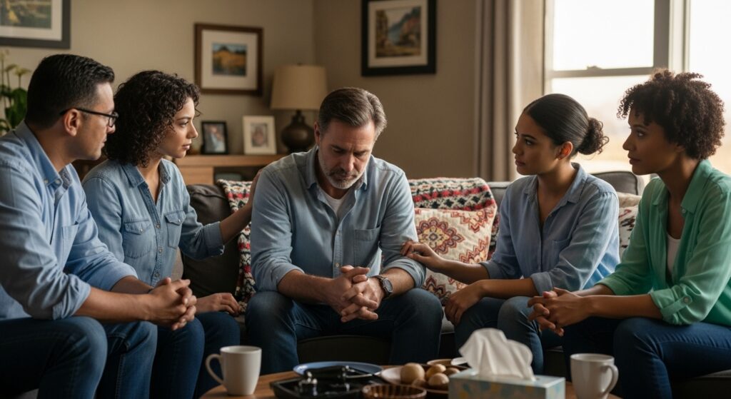 Família conversando com empatia e carinho com um homem sobre a importância de iniciar tratamento em uma clínica de reabilitação para alcoolismo, transmitindo esperança e apoio emocional.