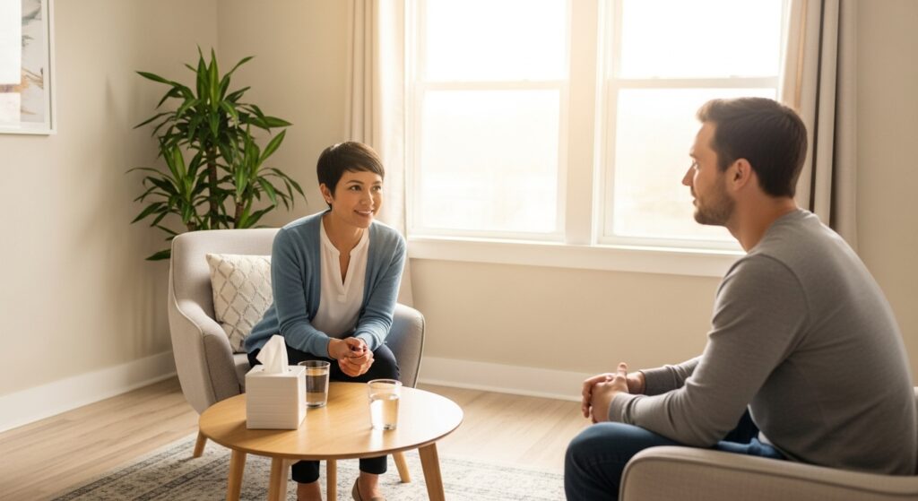 Equipe multidisciplinar oferecendo apoio psicológico e médico durante o tratamento da dependência química.