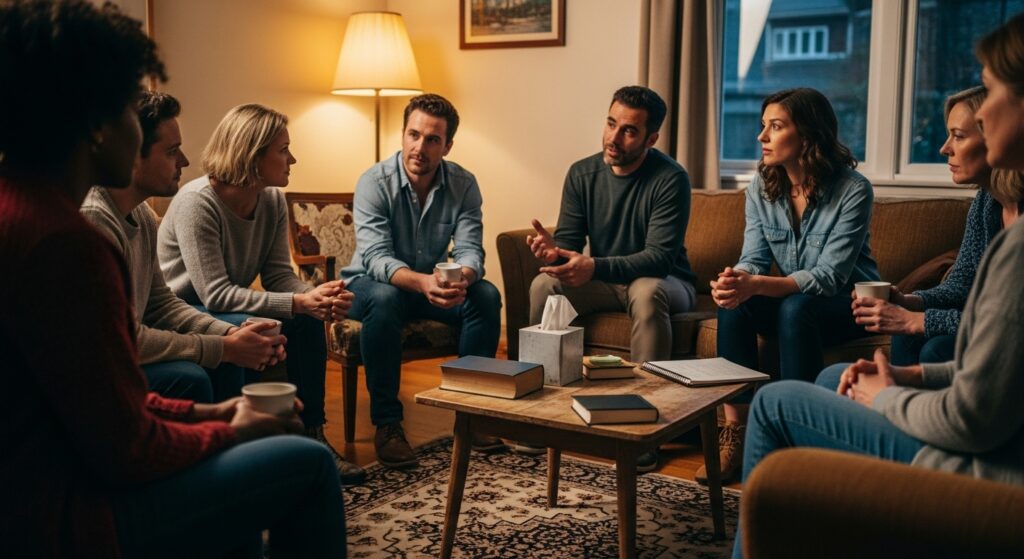 Equipe multidisciplinar atendendo paciente em clínica de recuperação para alcoolismo com foco na reabilitação integral.