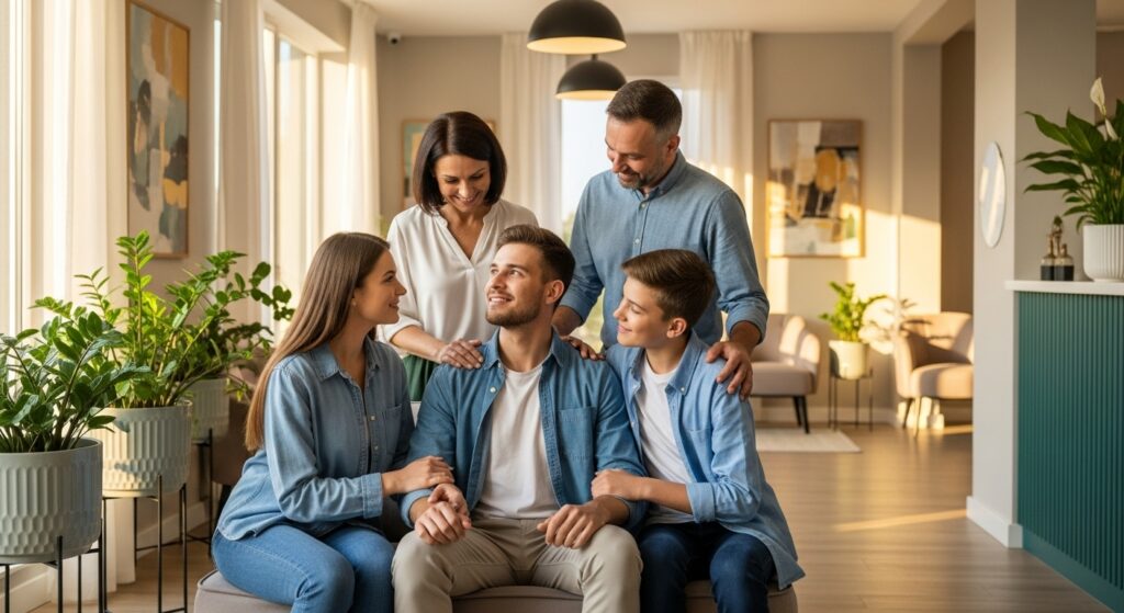 Grupo de pacientes participando de sessão terapêutica no CAPS-AD, ambiente alegre e iluminado, foco na reinserção social e apoio familiar