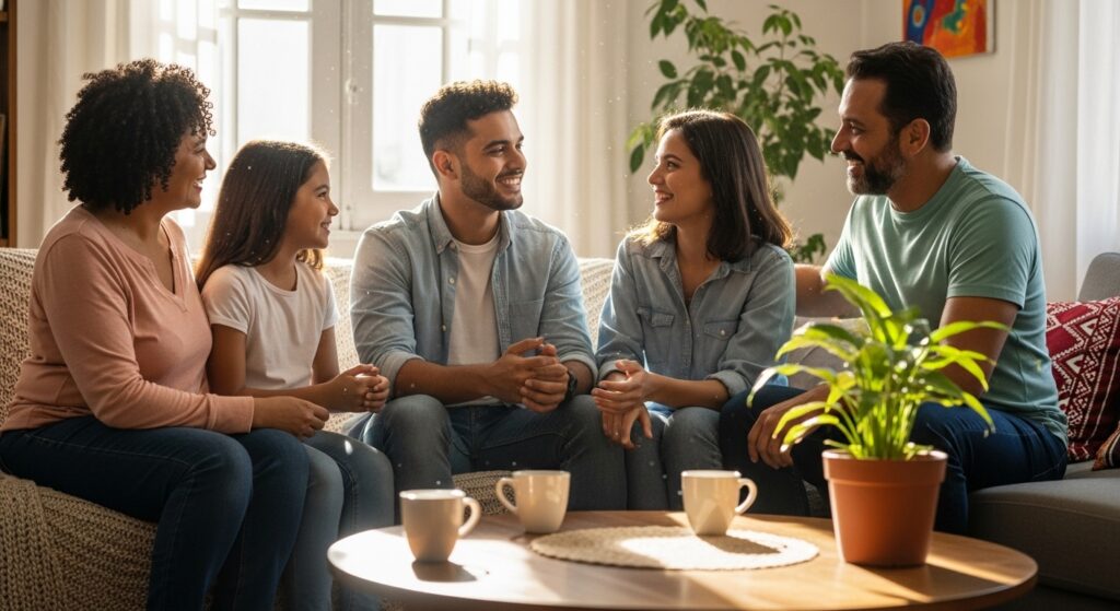 Família conversando com carinho com um dependente químico em casa, mostrando apoio e esperança no tratamento contra a dependência química.