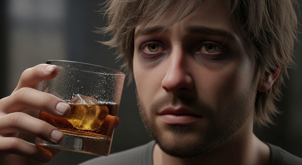 copo de bebida alcoólica, com destaque para órgãos internos afetados pelo álcool.