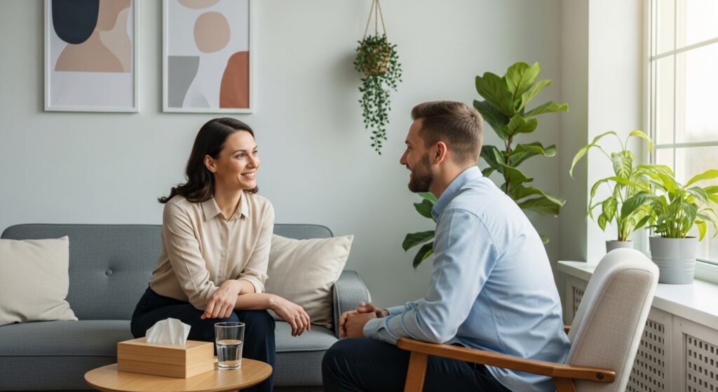 Mulher oferecendo apoio emocional e diálogo acolhedor a um dependente químico que ainda não aceita tratamento, representando empatia e compreensão.