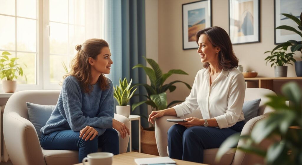 Mulher conversando com psicóloga em consultório iluminado, simbolizando apoio e tratamento durante uma crise de depressão.