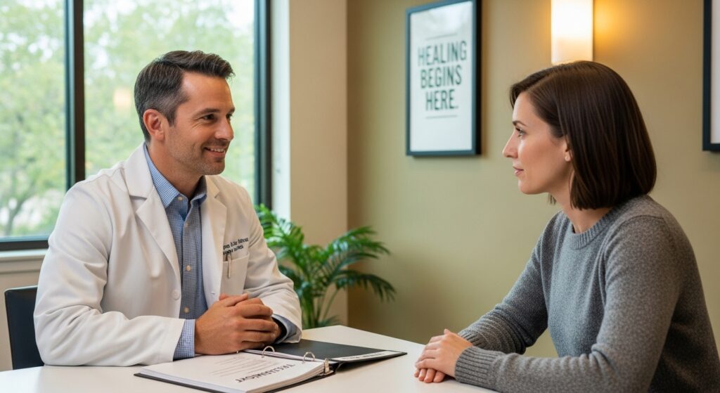 rofissional de saúde orientando paciente sobre o custo de internação para alcoólatras em clínica de reabilitação particular, destacando opções de tratamento e recuperação segura.