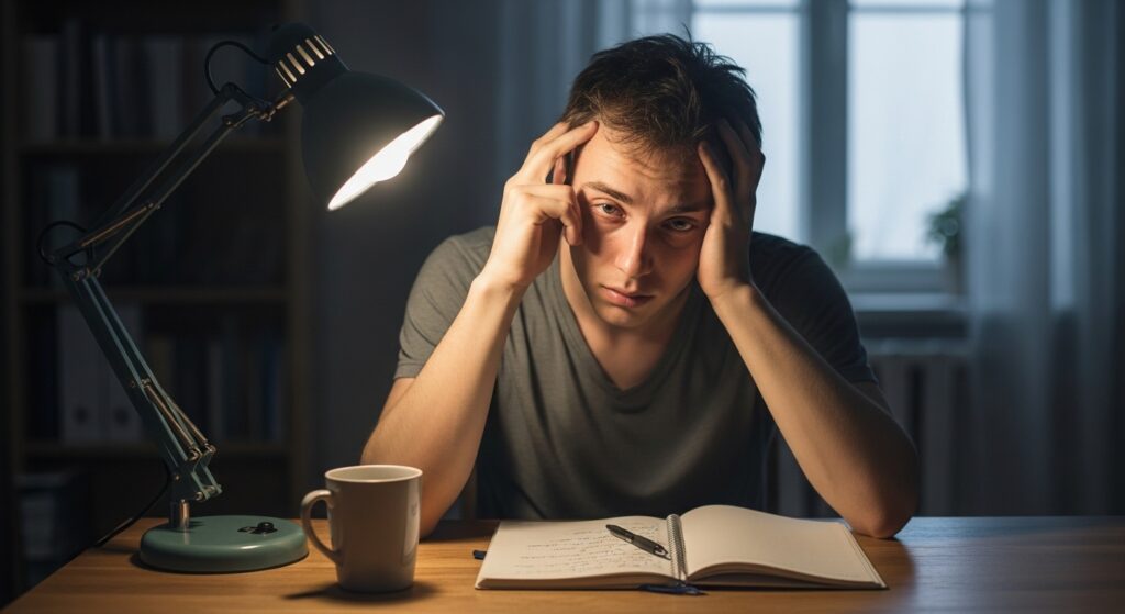 Close de uma mão segurando comprimidos e outra cobrindo o rosto em sinal de angústia, representando os sinais iniciais de dependência química.