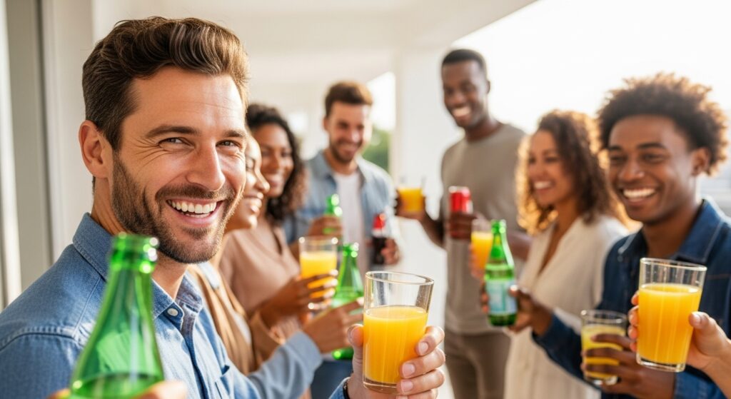Grupo de pessoas celebrando em um evento social sem consumir álcool, representando união, apoio e sobriedade após o tratamento de alcoolismo.