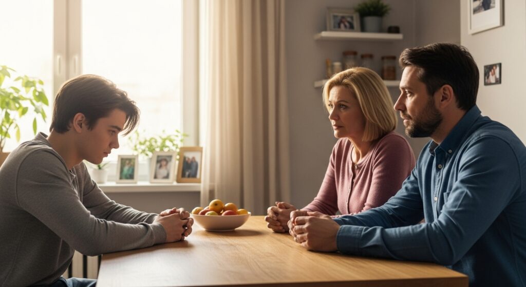 Profissional de saúde orienta pais sobre tratamento e apoio emocional para lidar com um filho agressivo devido à dependência química.”