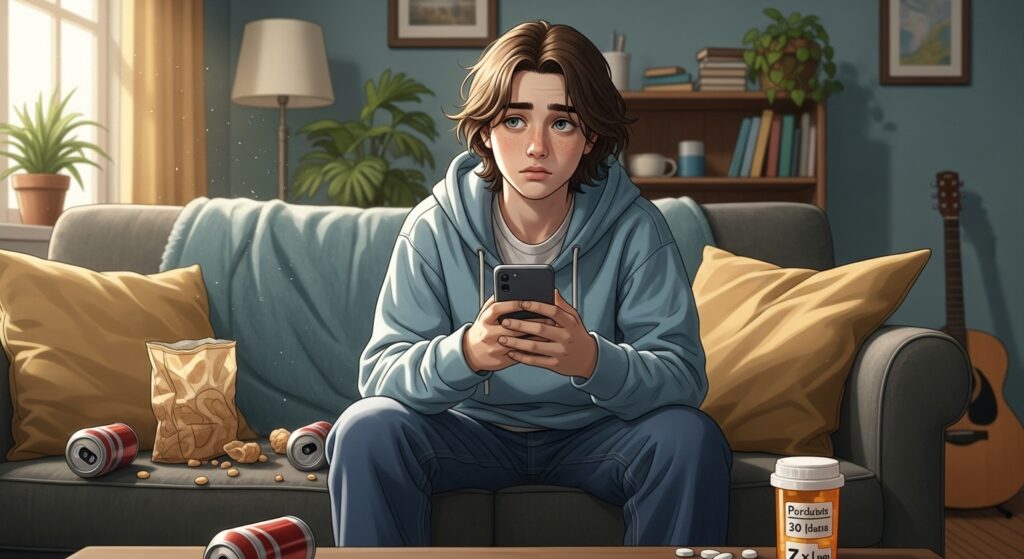 Pessoa com expressão preocupada, mostrando sinais de isolamento e mudança de comportamento — ilustrando os primeiros sintomas da dependência química.