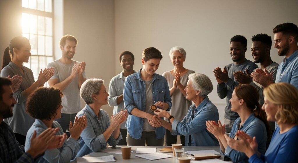Pessoas reunidas em círculo participando de um grupo de apoio Alcoólicos Anônimos, compartilhando experiências e apoio mútuo.