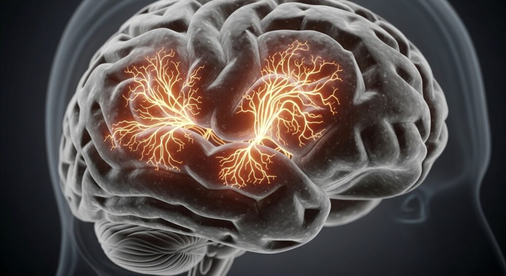 cérebro humano mostrando córtex pré-frontal, amígdala e hipocampo afetados pela dependência química, destacando caminhos neurais e alterações químicas.

