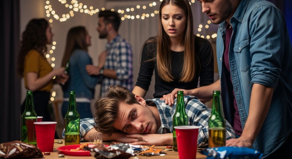 Jovem mostrando sinais de alcoolismo, com garrafa na mão e expressão triste — conscientização sobre o uso de álcool na adolescência."