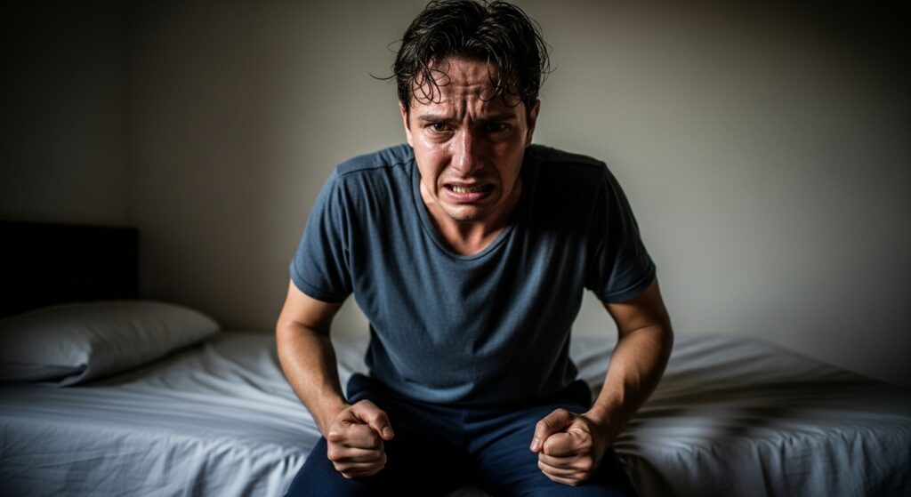 Pessoa em processo de recuperação mostrando sinais de abstinência do crack, como ansiedade e fadiga.