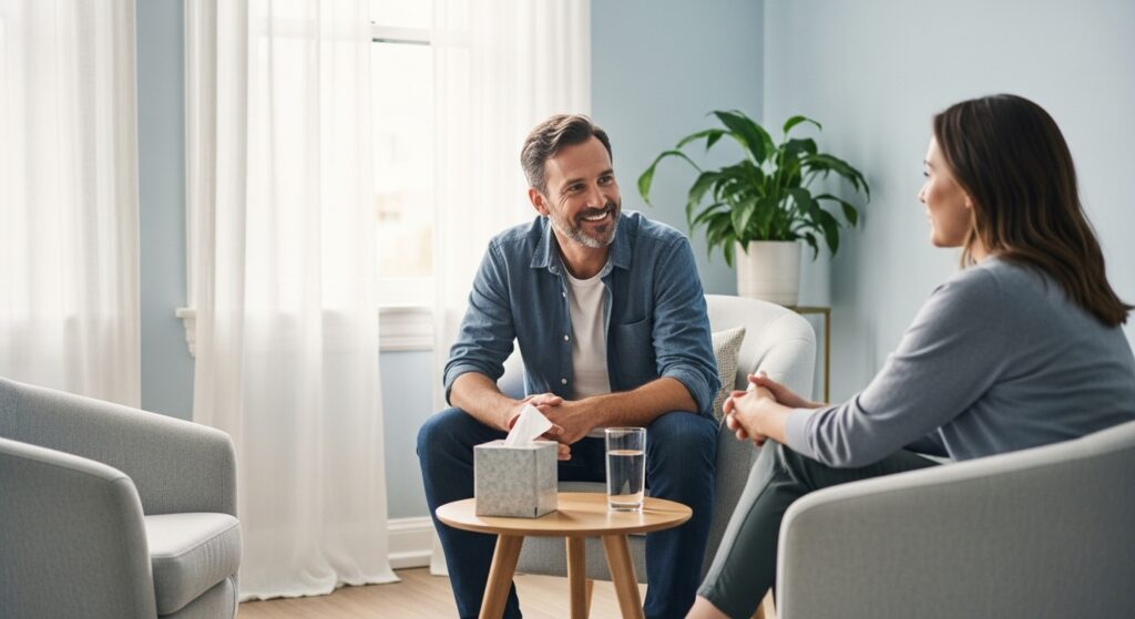 Profissional de saúde orientando paciente em tratamento para dependência química em clínica de reabilitação