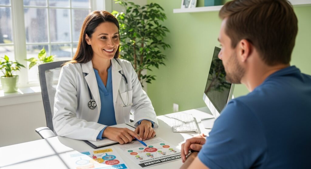 Profissional de saúde atendendo paciente em recuperação química no SUS, ambiente claro e acolhedor, atmosfera positiva e de apoio