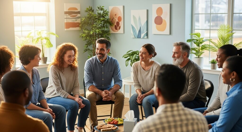 Médico explicando plano de recuperação para paciente em clínica de saúde mental do SUS, luz natural, ambiente realista e acolhedor