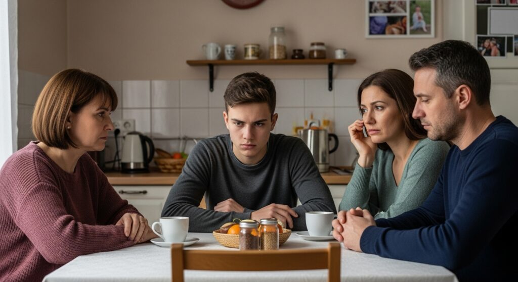 “Mãe preocupada conversa com o filho dependente químico em casa, tentando manter a calma e o diálogo aberto.