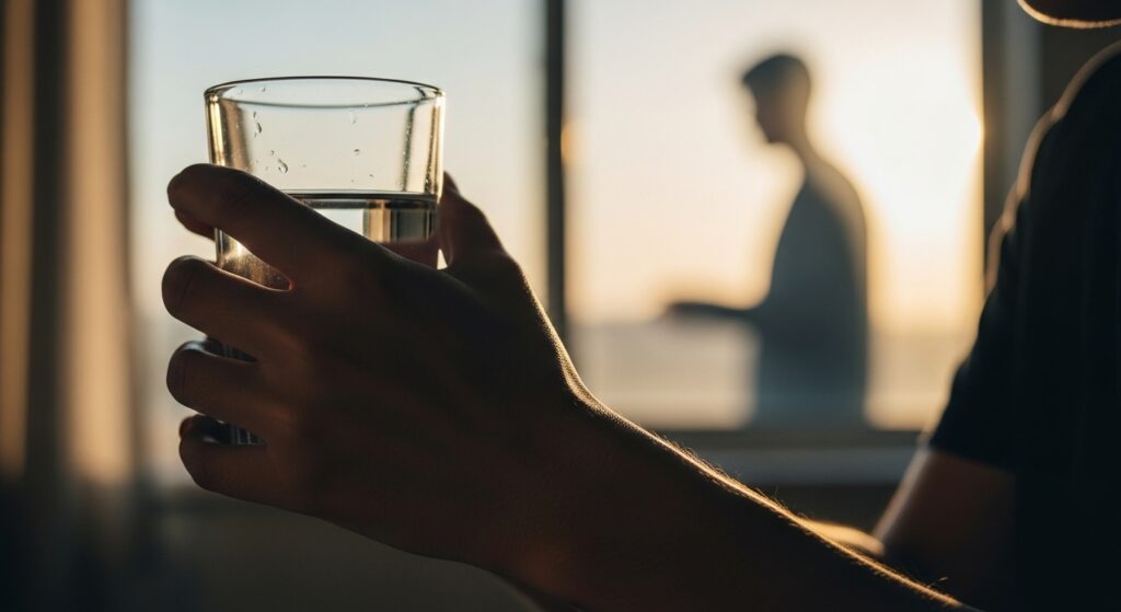 Profissional de saúde ajudando paciente em crise de abstinência por dependência de crack em ambiente clínico.