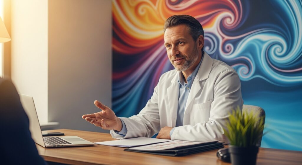 cérebro humano dividido entre equilíbrio emocional e vício, simbolizando as causas psicológicas da dependência química e o impacto dos transtornos mentais.