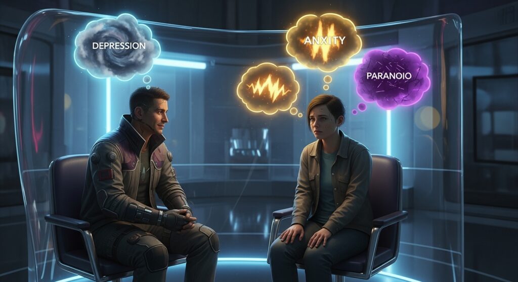 dependente químico em tratamento psicológico, simbolizando os transtornos mentais mais comuns e o processo de recuperação emocional.