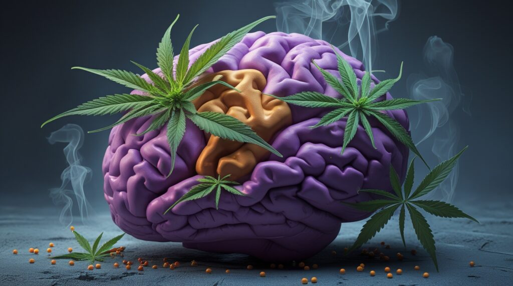 cérebro saudável e cérebro afetado pela Droga Skunk, evidenciando os riscos à saúde mental e emocional.