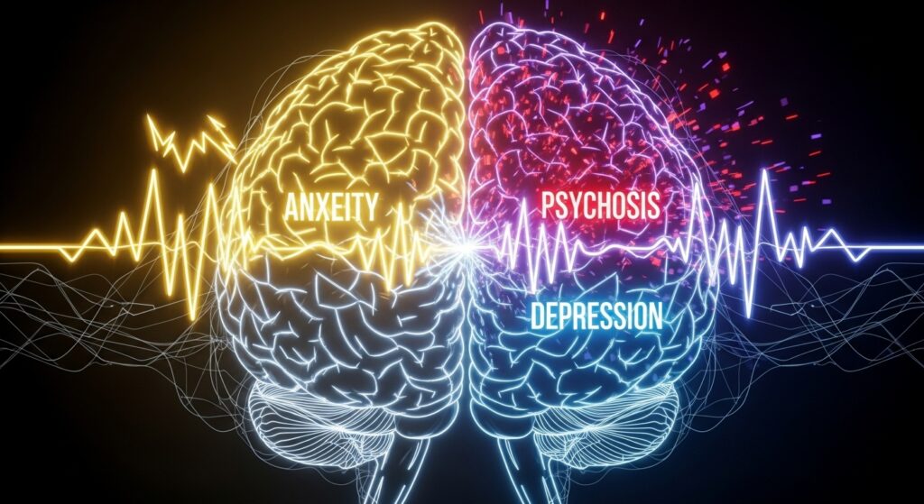 Representação visual dos transtornos mentais mais comuns em dependentes químicos, incluindo depressão, ansiedade e bipolaridade, com fundo clínico e neutro.