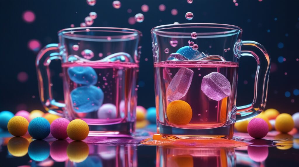 Copo duplo com refrigerante e xarope roxo simbolizando a droga Lean, mostrando como essa substância se disfarça de bebida comum e causa dependência.