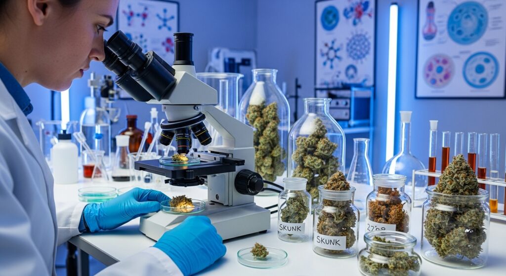 efeito da Droga Skunk no cérebro humano, destacando como o alto teor de THC causa dependência e transtornos mentais graves.