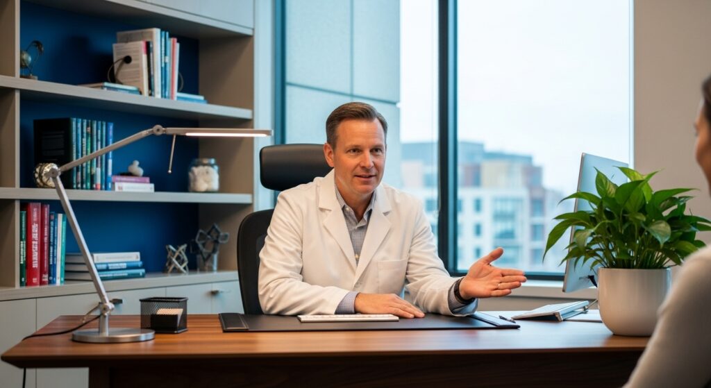 Paciente realizando fisioterapia em ambiente tranquilo de clínica de reabilitação próxima, com acompanhamento de profissionais especializados.