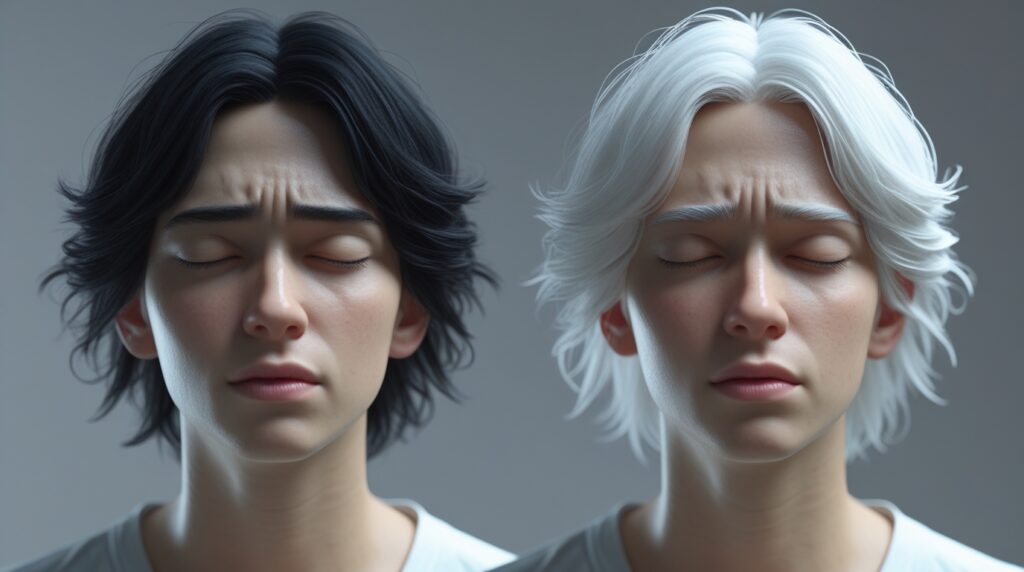 Pessoa com cabelos brancos causados por estresse observando fios no espelho