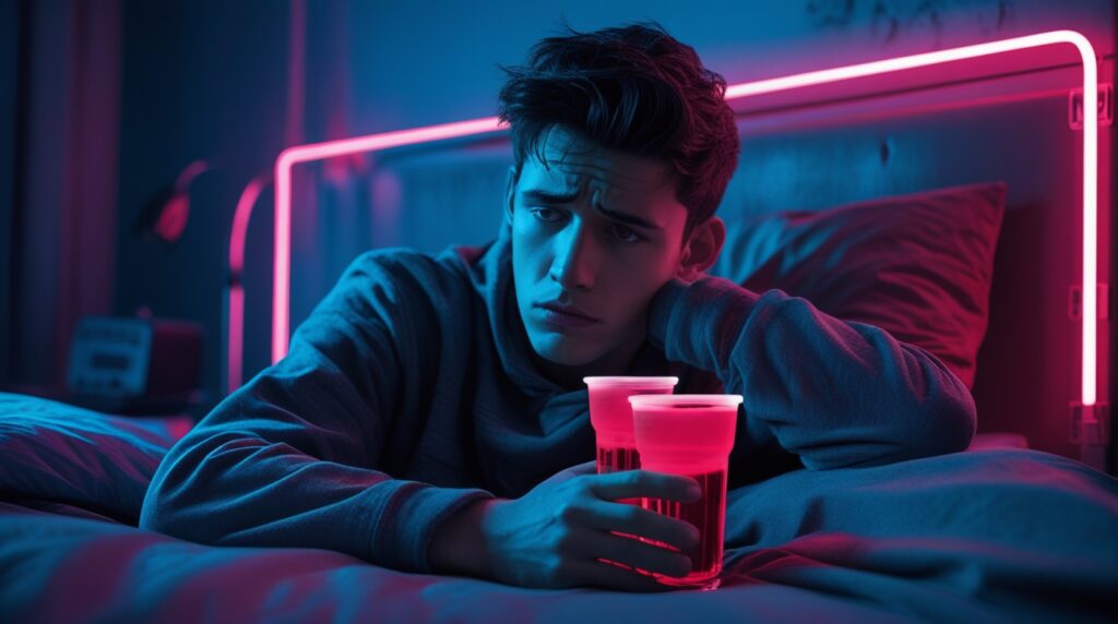 Jovem triste segurando um copo duplo com xarope roxo, representando o perigo e o vício causado pela droga Lean.