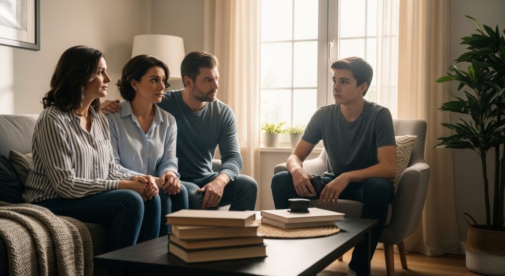 Família reunida em casa demonstrando preocupação e apoio a um ente querido com comportamento alterado por uso de drogas ou álcool.
